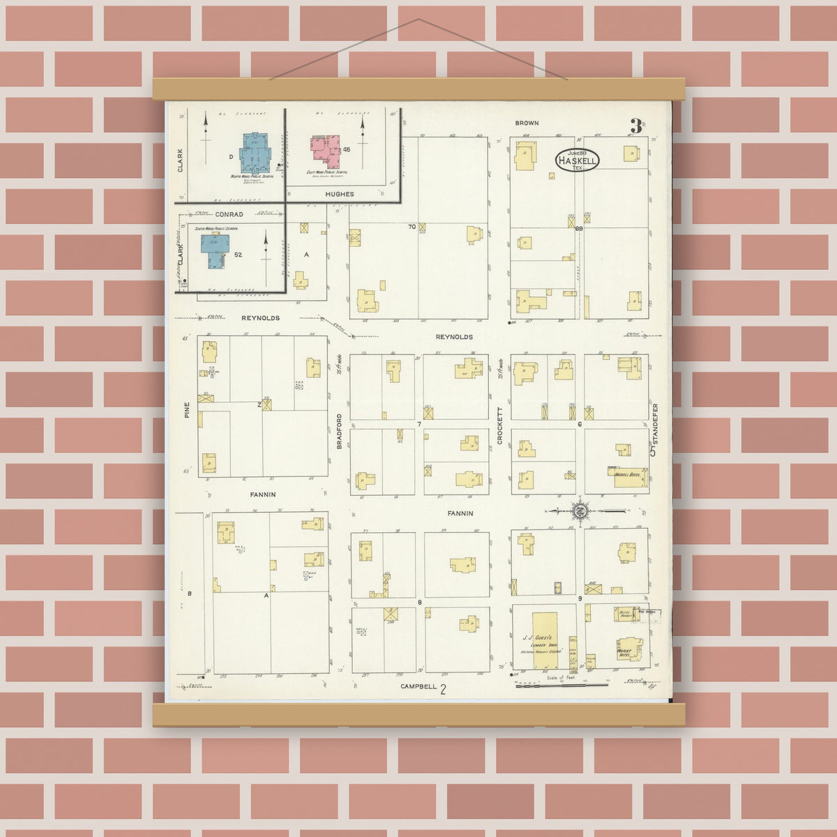 Old map wall art mockup — magnetic wood frame on brick wall — Sanborn Fire Insurance Map from Haskell, Haskell County, Texas (1913), Sheet #0003