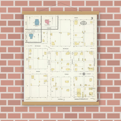 Old map wall art mockup — magnetic wood frame on brick wall — Sanborn Fire Insurance Map from Haskell, Haskell County, Texas (1913), Sheet #0003