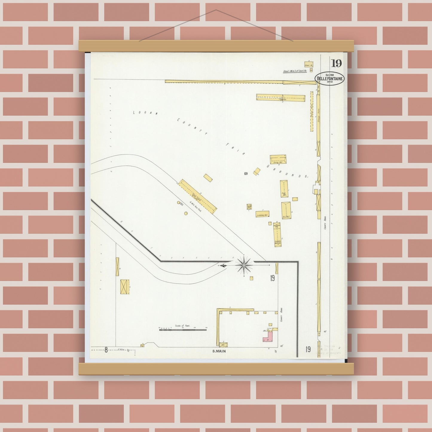 Old map wall art mockup — magnetic wood frame on brick wall — Sanborn Fire Insurance Map from Bellefontaine, Logan County, Ohio (1901), Sheet #0019