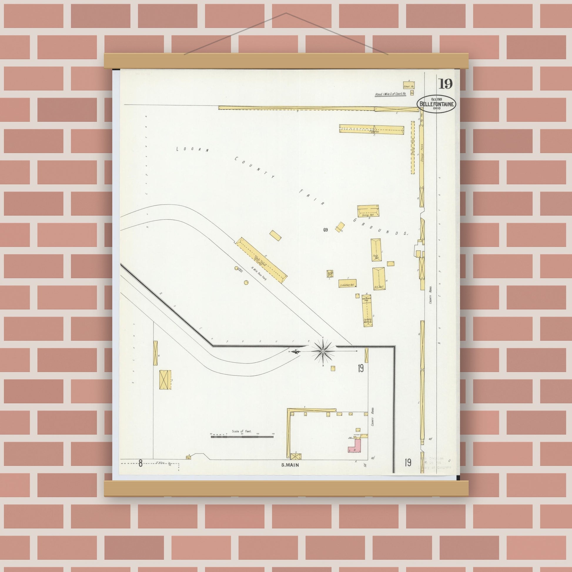 Old map wall art mockup — magnetic wood frame on brick wall — Sanborn Fire Insurance Map from Bellefontaine, Logan County, Ohio (1901), Sheet #0019