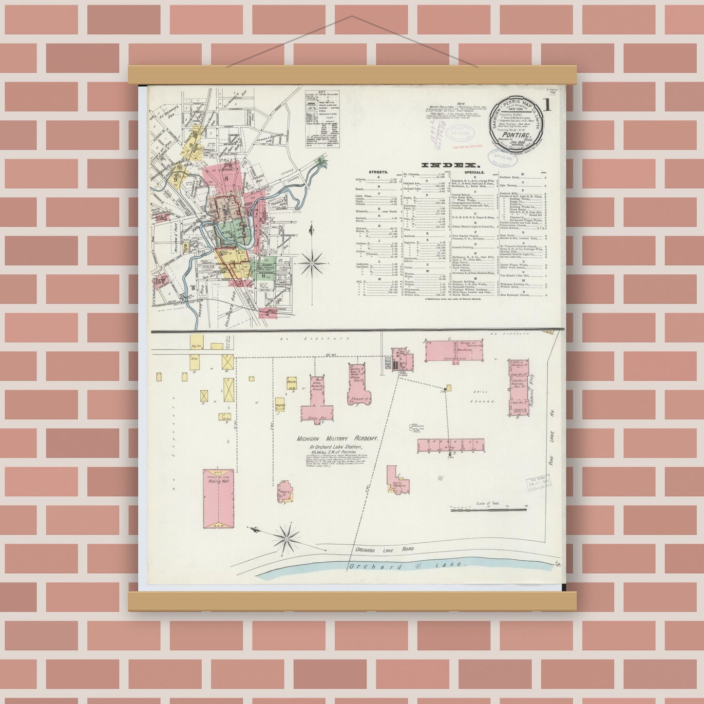 Old map wall art mockup — magnetic wood frame on brick wall — Sanborn Fire Insurance Map from Pontiac, Oakland County, Michigan (1898) - Complete Map Set