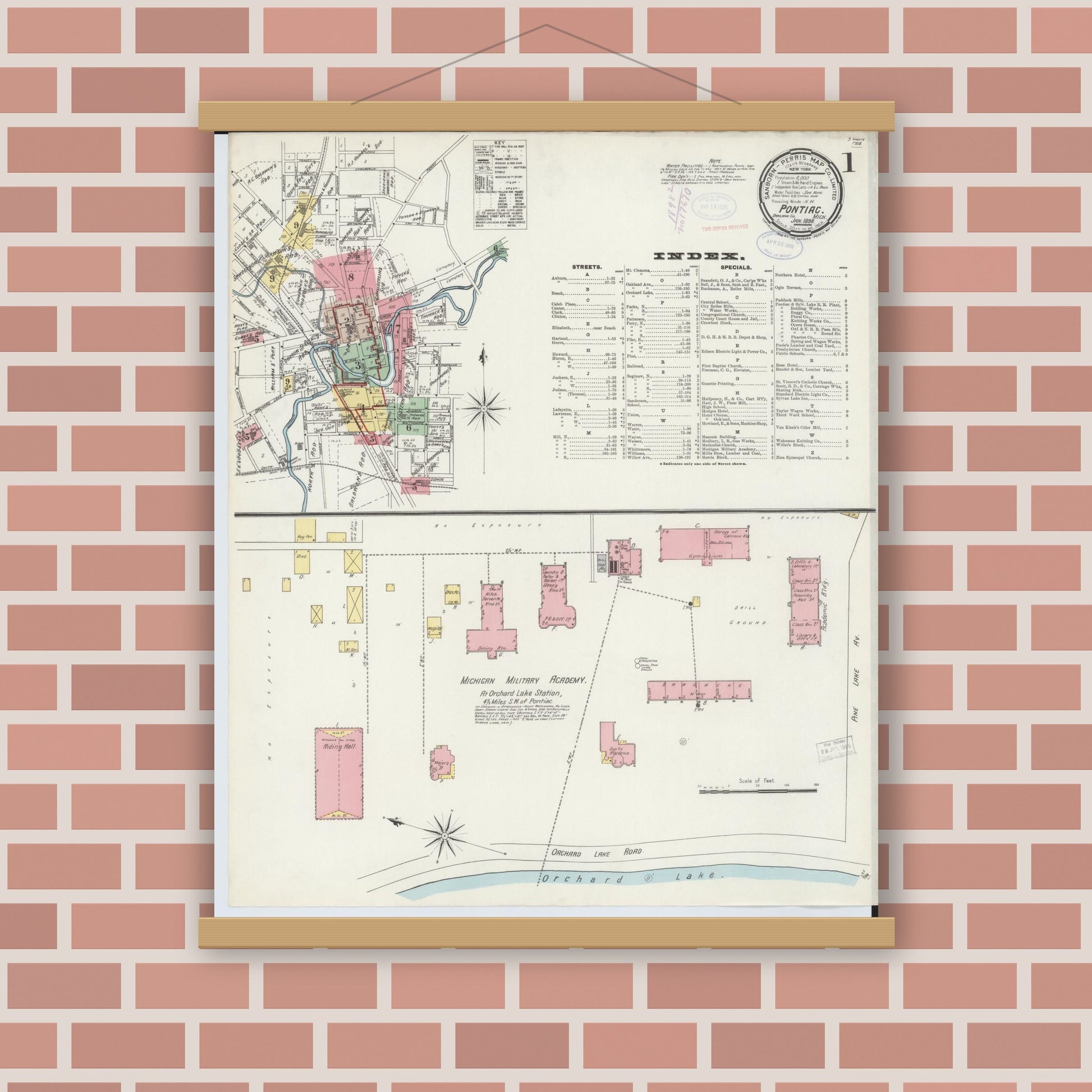 Old map wall art mockup — magnetic wood frame on brick wall — Sanborn Fire Insurance Map from Pontiac, Oakland County, Michigan (1898) - Complete Map Set