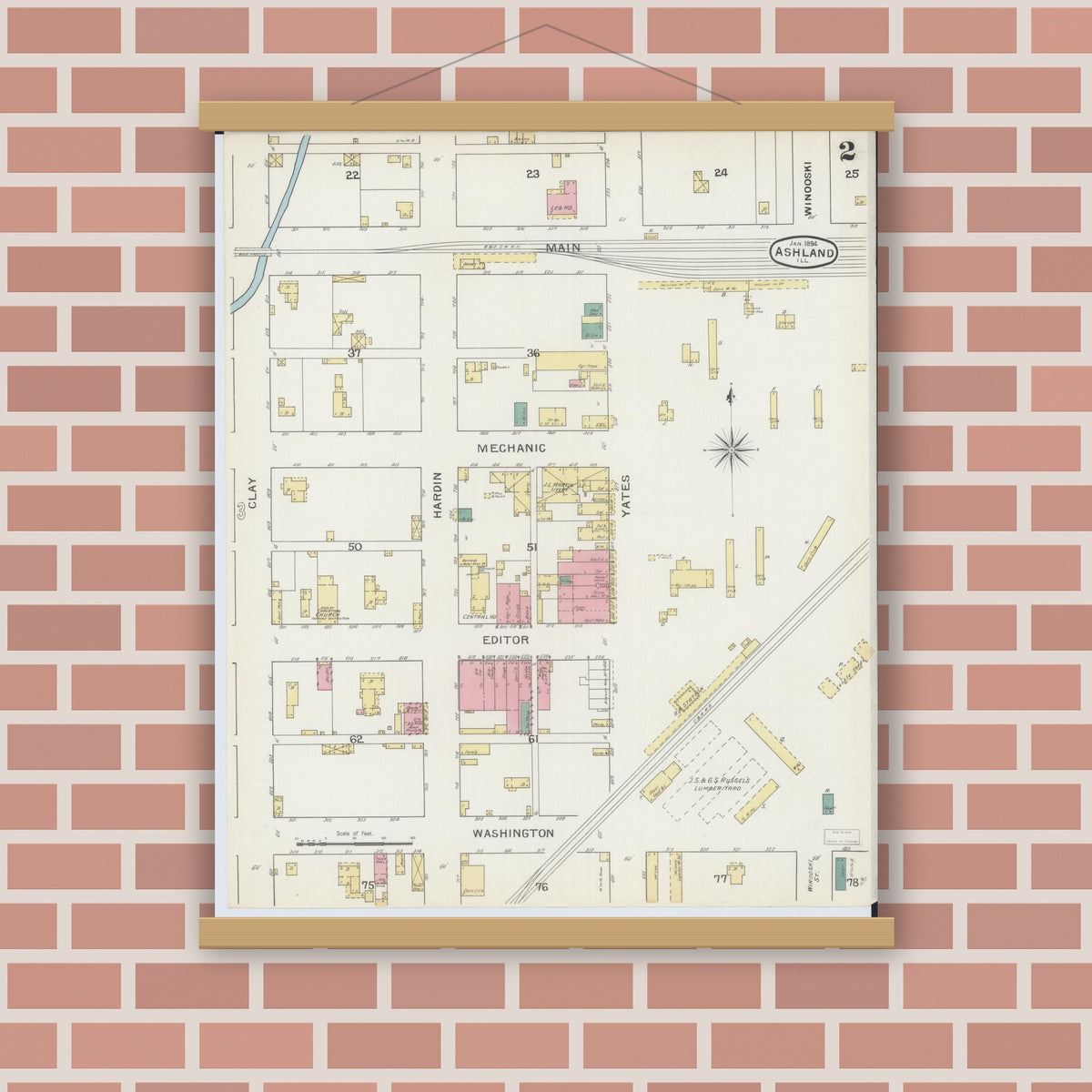 Old map wall art mockup — magnetic wood frame on brick wall — Sanborn Fire Insurance Map from Ashland, Cass County, Illinois (1894), Sheet #0002