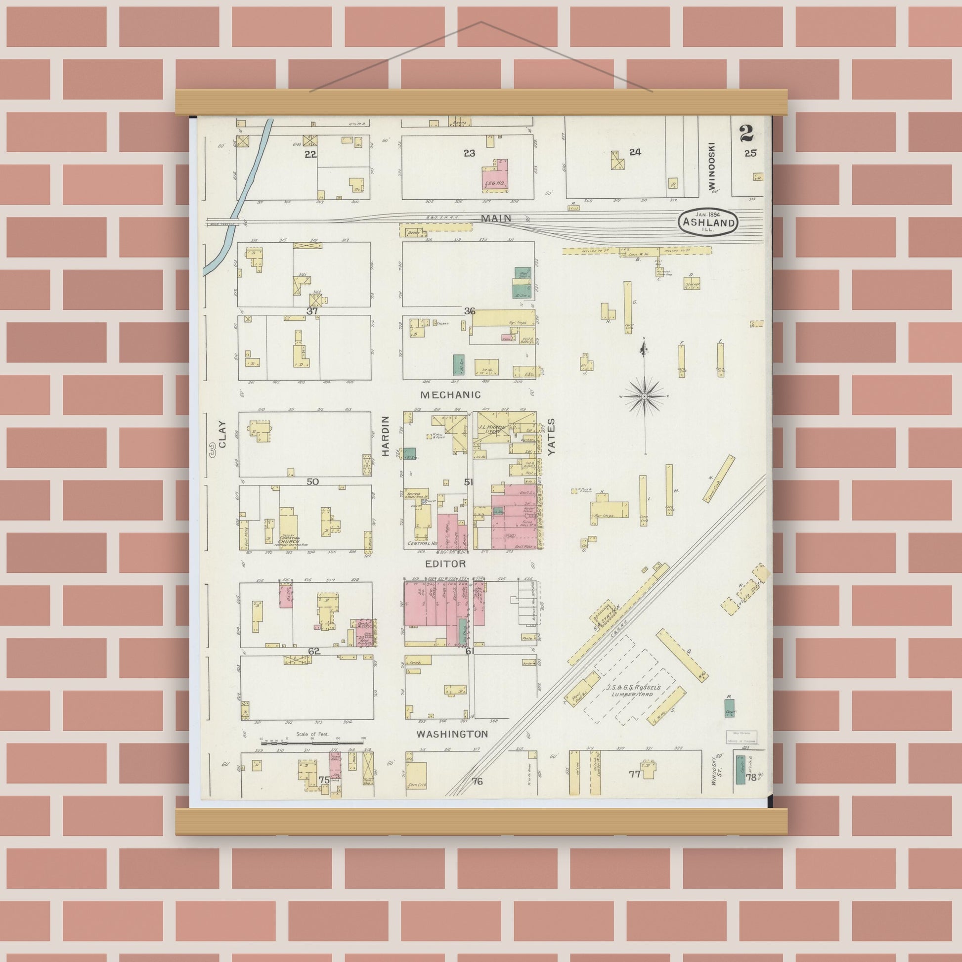 Old map wall art mockup — magnetic wood frame on brick wall — Sanborn Fire Insurance Map from Ashland, Cass County, Illinois (1894), Sheet #0002
