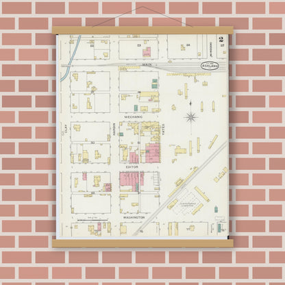 Old map wall art mockup — magnetic wood frame on brick wall — Sanborn Fire Insurance Map from Ashland, Cass County, Illinois (1894), Sheet #0002