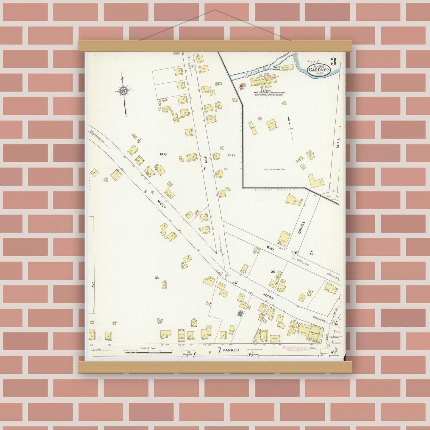 Old map wall art mockup — magnetic wood frame on brick wall — Sanborn Fire Insurance Map from Gardner, Worcester County, Massachusetts (1909), Sheet #0003