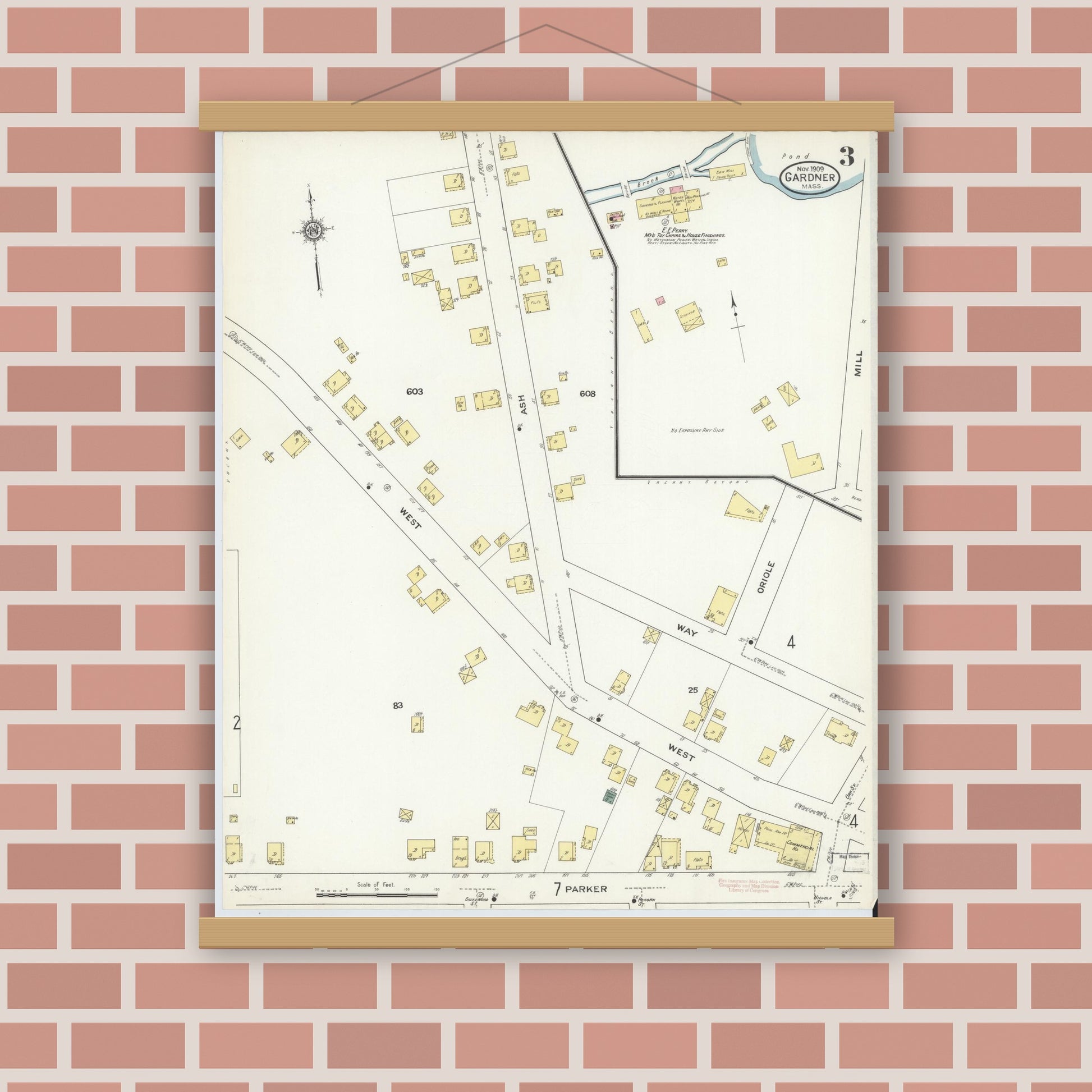 Old map wall art mockup — magnetic wood frame on brick wall — Sanborn Fire Insurance Map from Gardner, Worcester County, Massachusetts (1909), Sheet #0003