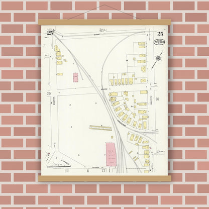 Old map wall art mockup — magnetic wood frame on brick wall — Sanborn Fire Insurance Map from New Bern, Craven County, North Carolina (1924), Sheet #0025
