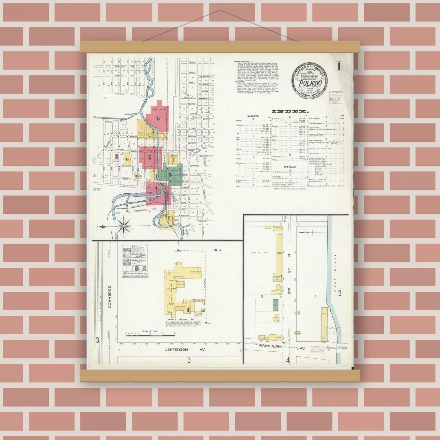 Old map wall art mockup — magnetic wood frame on brick wall — Sanborn Fire Insurance Map from Pulaski, Pulaski County, Virginia (1908) - Complete Map Set