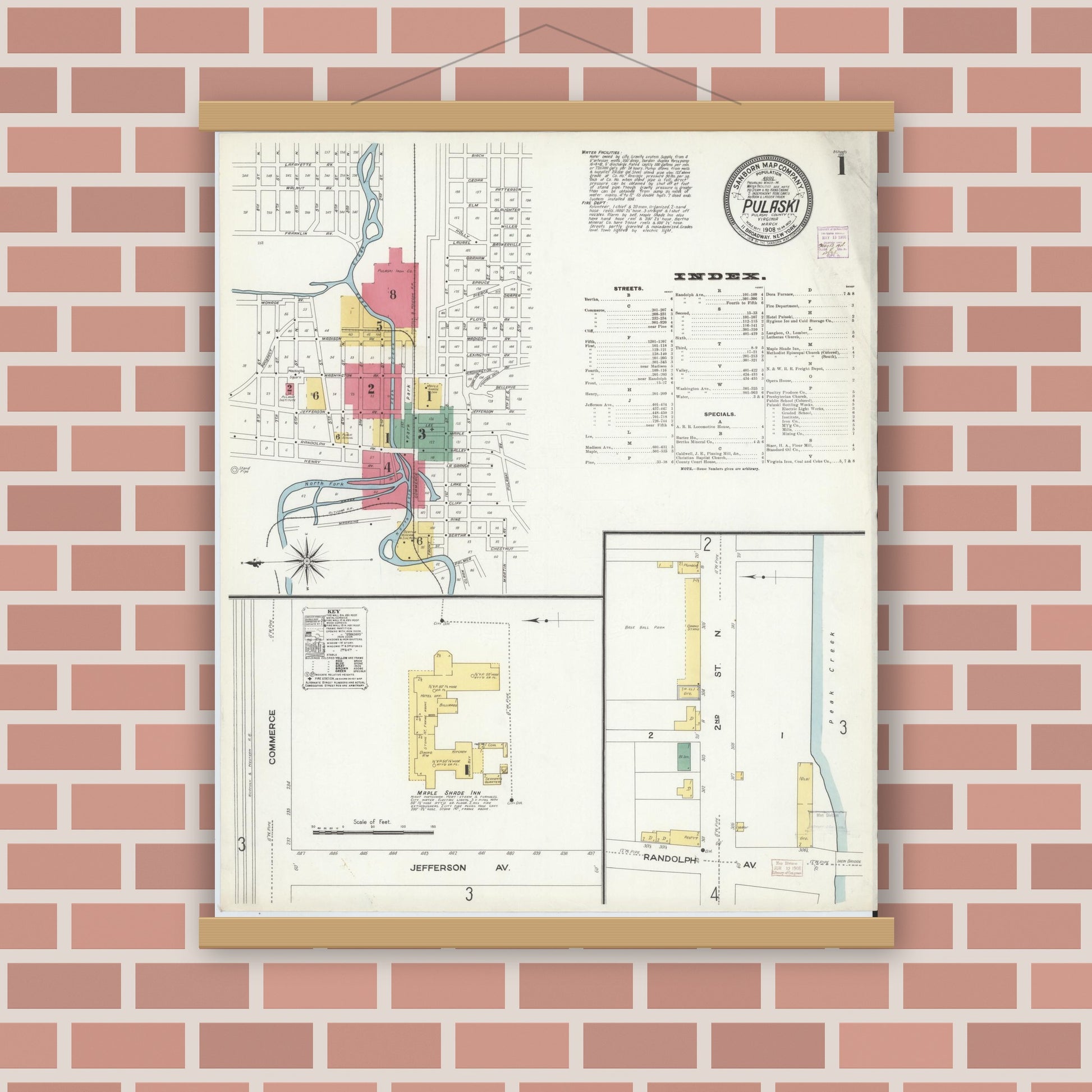 Old map wall art mockup — magnetic wood frame on brick wall — Sanborn Fire Insurance Map from Pulaski, Pulaski County, Virginia (1908) - Complete Map Set