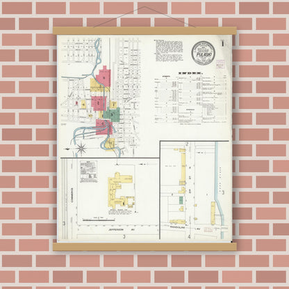 Old map wall art mockup — magnetic wood frame on brick wall — Sanborn Fire Insurance Map from Pulaski, Pulaski County, Virginia (1908) - Complete Map Set