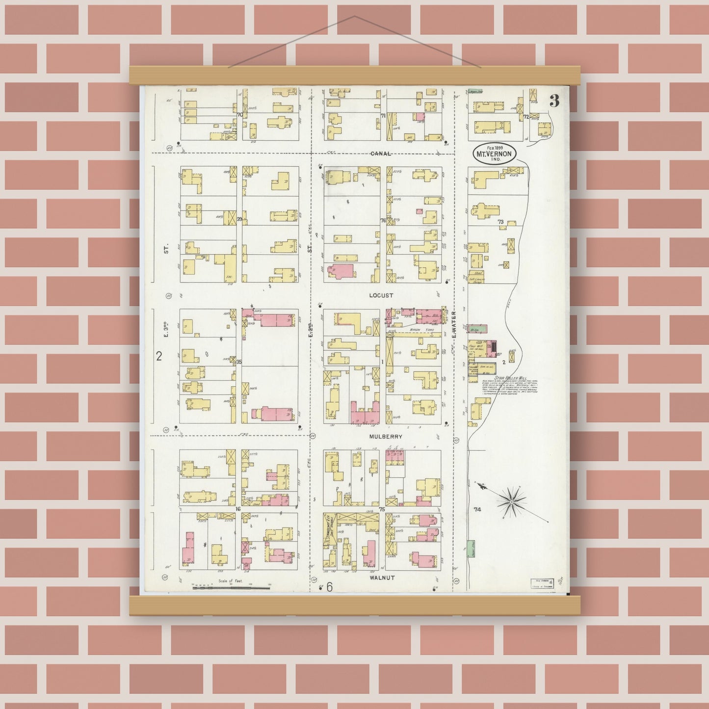 Old map wall art mockup — magnetic wood frame on brick wall — Sanborn Fire Insurance Map from Mount Vernon, Posey County, Indiana (1899), Sheet #0003