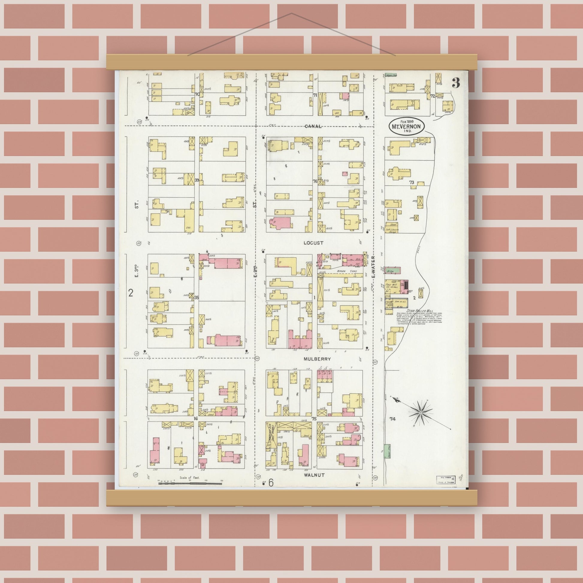 Old map wall art mockup — magnetic wood frame on brick wall — Sanborn Fire Insurance Map from Mount Vernon, Posey County, Indiana (1899), Sheet #0003