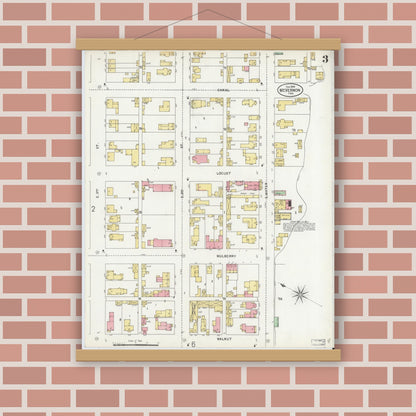 Old map wall art mockup — magnetic wood frame on brick wall — Sanborn Fire Insurance Map from Mount Vernon, Posey County, Indiana (1899), Sheet #0003