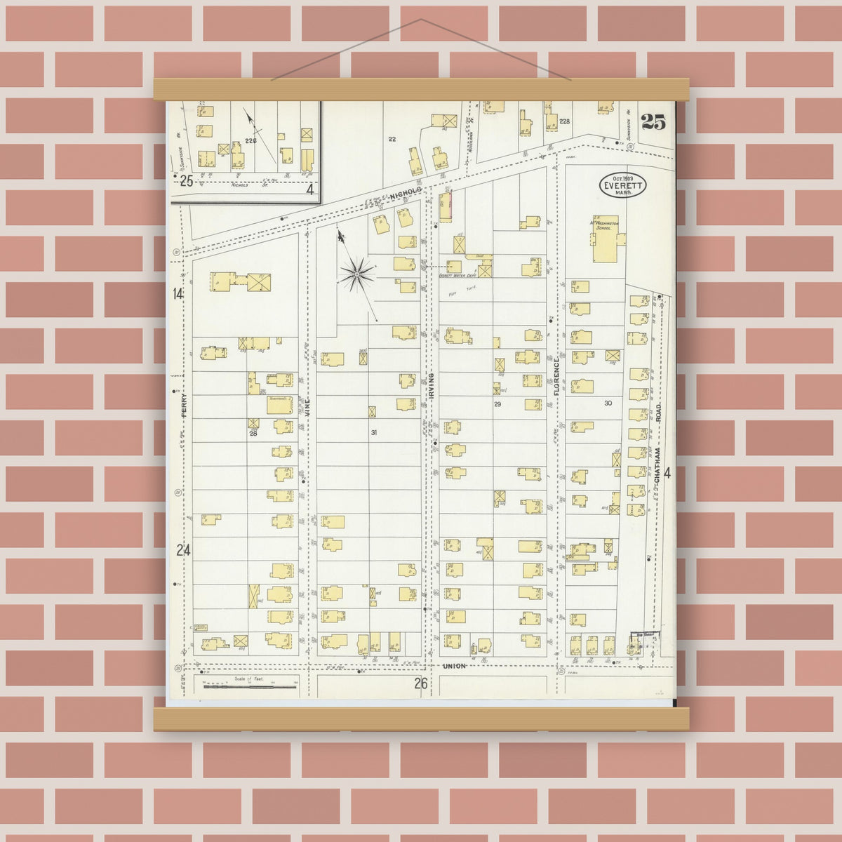 Old map wall art mockup — magnetic wood frame on brick wall — Sanborn Fire Insurance Map from Everett, Middlesex County, Massachusetts (1903), Sheet #0025