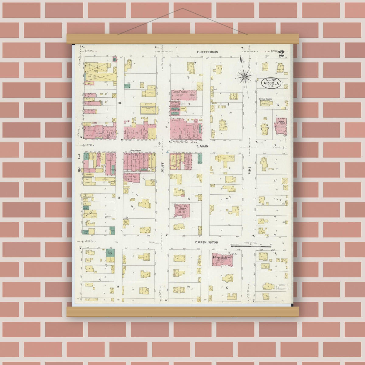 Old map wall art mockup — magnetic wood frame on brick wall — Sanborn Fire Insurance Map from Arcola, Douglas County, Illinois (1907), Sheet #0002