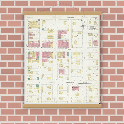 Old map wall art mockup — magnetic wood frame on brick wall — Sanborn Fire Insurance Map from Arcola, Douglas County, Illinois (1907), Sheet #0002