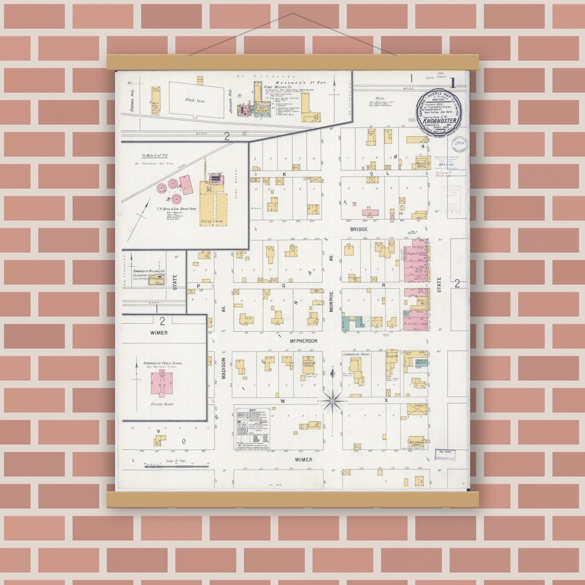 Old map wall art mockup — magnetic wood frame on brick wall — Sanborn Fire Insurance Map from Knobnoster, Johnson County, Missouri (1900), Sheet #0001
