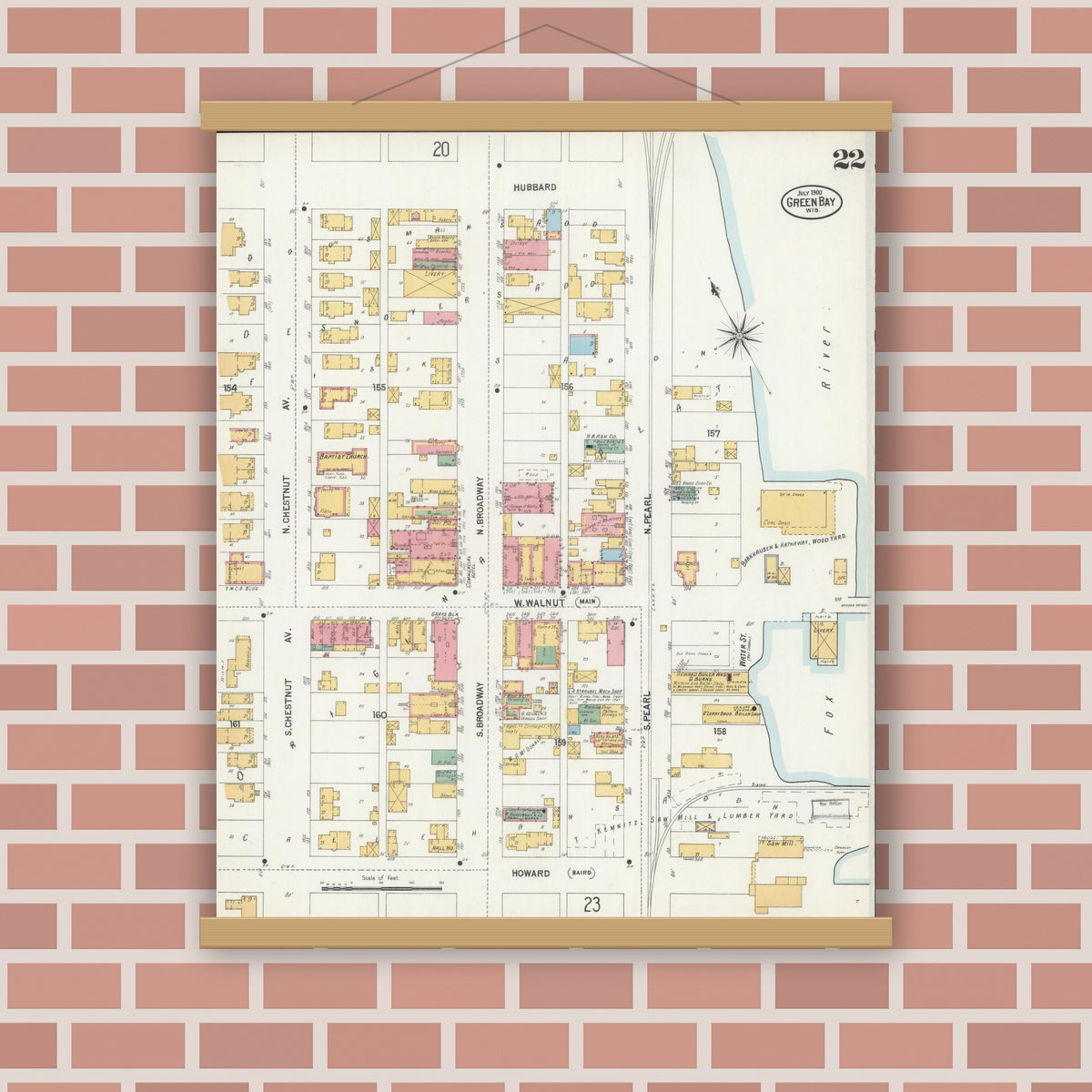 Old map wall art mockup — magnetic wood frame on brick wall — Sanborn Fire Insurance Map from Green Bay, Brown County, Wisconsin (1900), Sheet #0022
