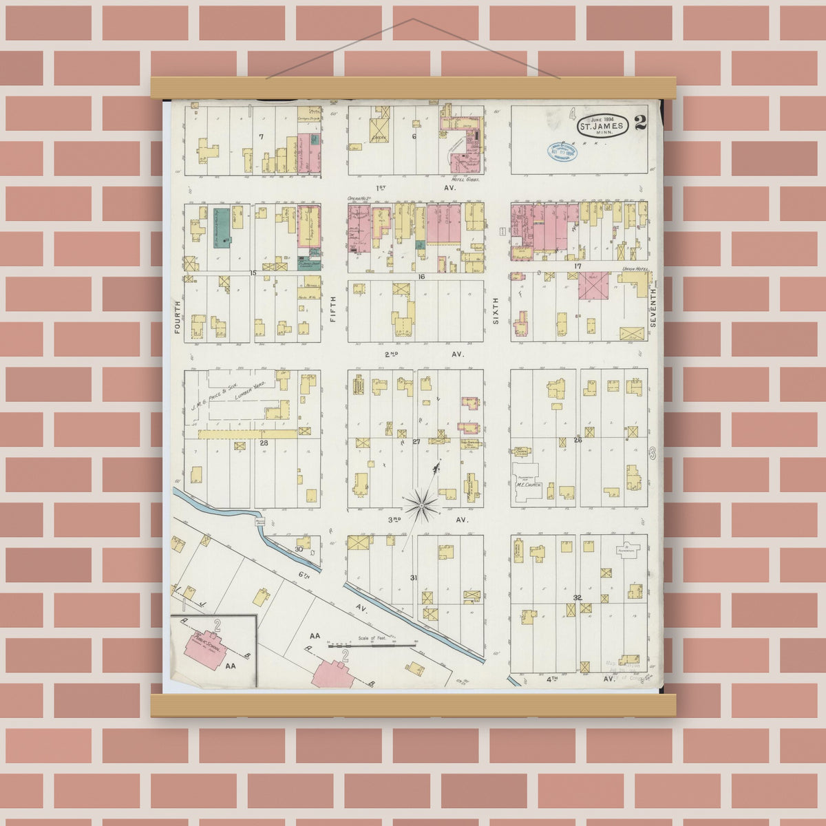 Old map wall art mockup — magnetic wood frame on brick wall — Sanborn Fire Insurance Map from Saint James, Watonwan County, Minnesota (1894), Sheet #0002