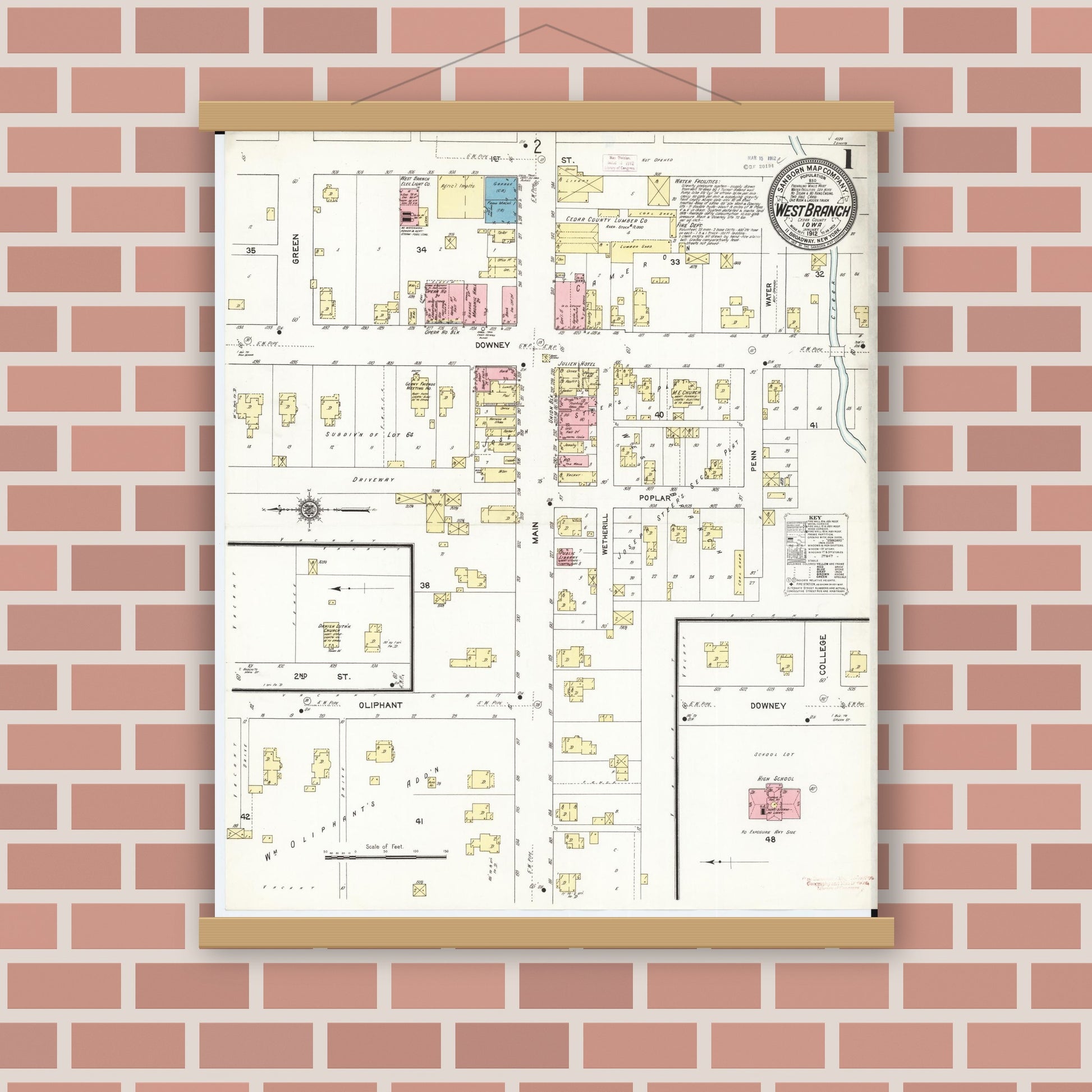 Old map wall art mockup — magnetic wood frame on brick wall — Sanborn Fire Insurance Map from West Branch, Cedar County, Iowa (1912) â€” Complete Set
