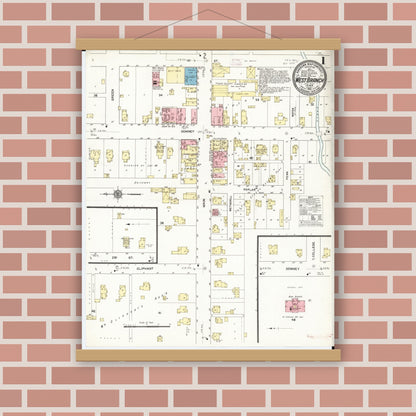 Old map wall art mockup — magnetic wood frame on brick wall — Sanborn Fire Insurance Map from West Branch, Cedar County, Iowa (1912) â€” Complete Set