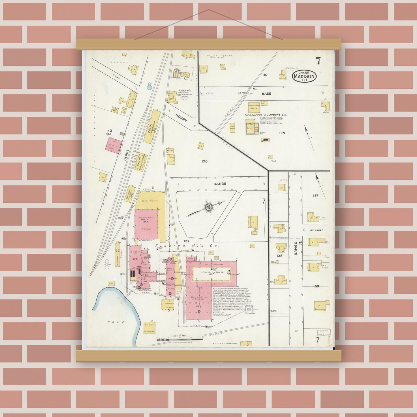 Old map wall art mockup — magnetic wood frame on brick wall — Sanborn Fire Insurance Map from Madison, Madison County, Florida (1917), Sheet #0007
