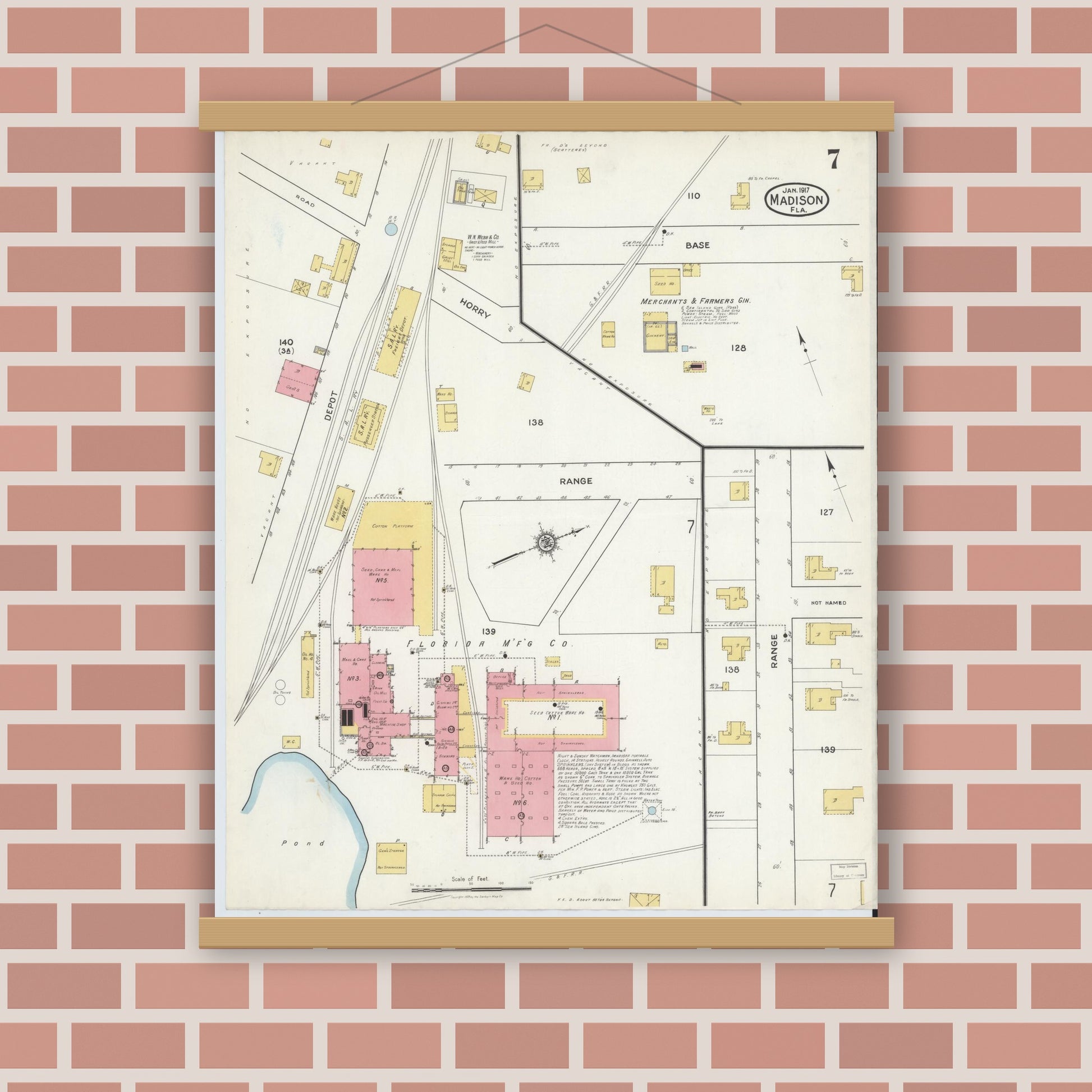 Old map wall art mockup — magnetic wood frame on brick wall — Sanborn Fire Insurance Map from Madison, Madison County, Florida (1917), Sheet #0007