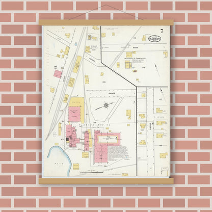Old map wall art mockup — magnetic wood frame on brick wall — Sanborn Fire Insurance Map from Madison, Madison County, Florida (1917), Sheet #0007