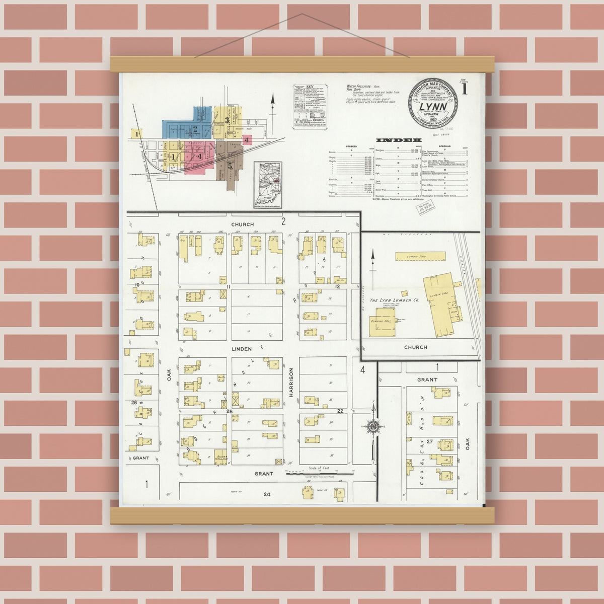 Old map wall art mockup — magnetic wood frame on brick wall — Sanborn Fire Insurance Map from Lynn, Randolph County, Indiana (1920) - Complete Map Set