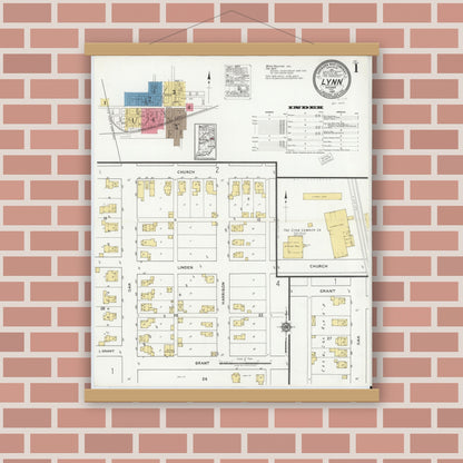 Old map wall art mockup — magnetic wood frame on brick wall — Sanborn Fire Insurance Map from Lynn, Randolph County, Indiana (1920) - Complete Map Set
