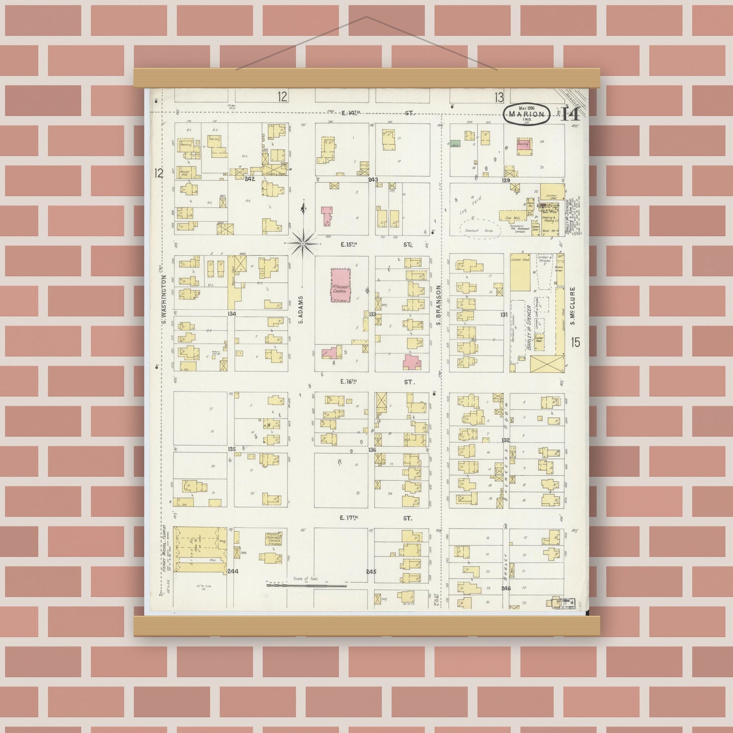 Old map wall art mockup — magnetic wood frame on brick wall — Sanborn Fire Insurance Map from Marion, Grant County, Indiana (1896), Sheet #0014