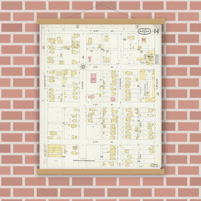 Old map wall art mockup — magnetic wood frame on brick wall — Sanborn Fire Insurance Map from Marion, Grant County, Indiana (1896), Sheet #0014