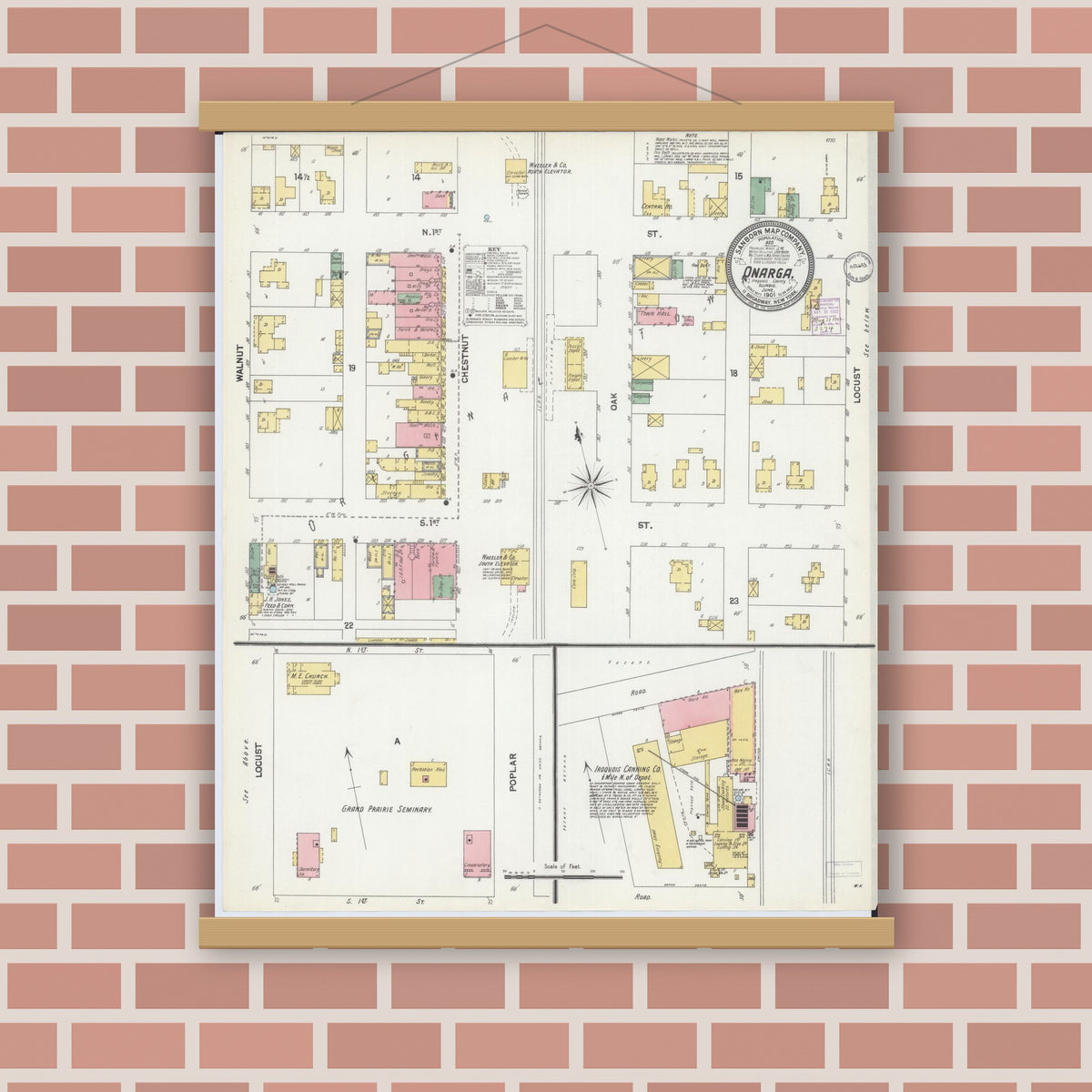 Old map wall art mockup — magnetic wood frame on brick wall — Sanborn Fire Insurance Map from Onarga, Iroquois County, Illinois (1901) - Complete Map Set
