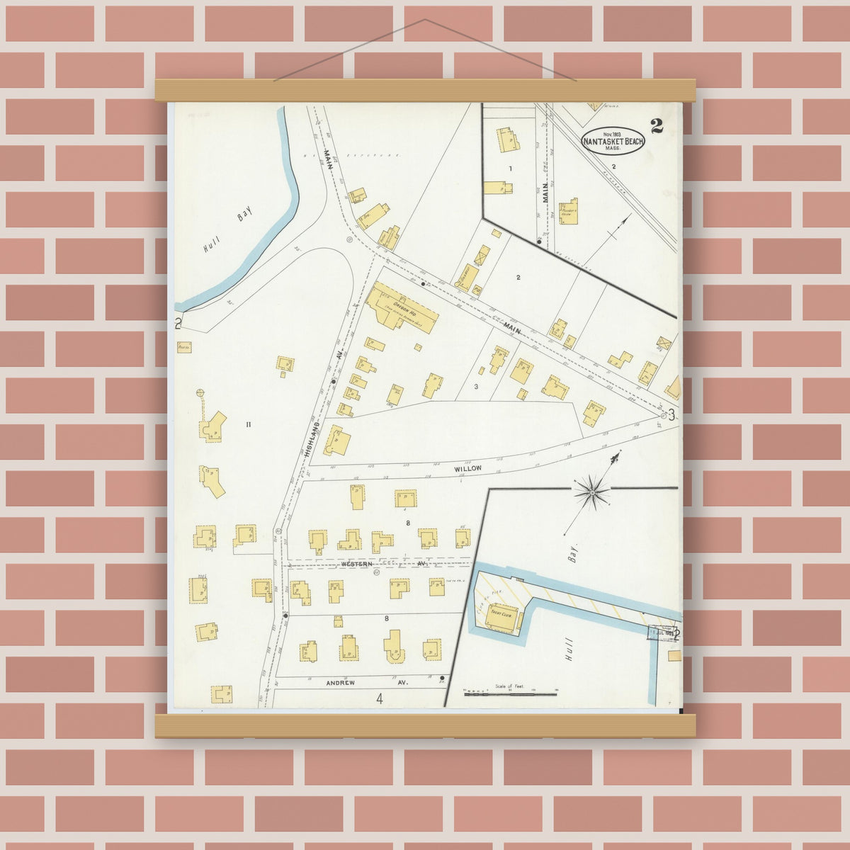 Old map wall art mockup — magnetic wood frame on brick wall — Sanborn Fire Insurance Map from Nantasket Beach, Plymouth County, Massachusetts (1903), Sheet #0002