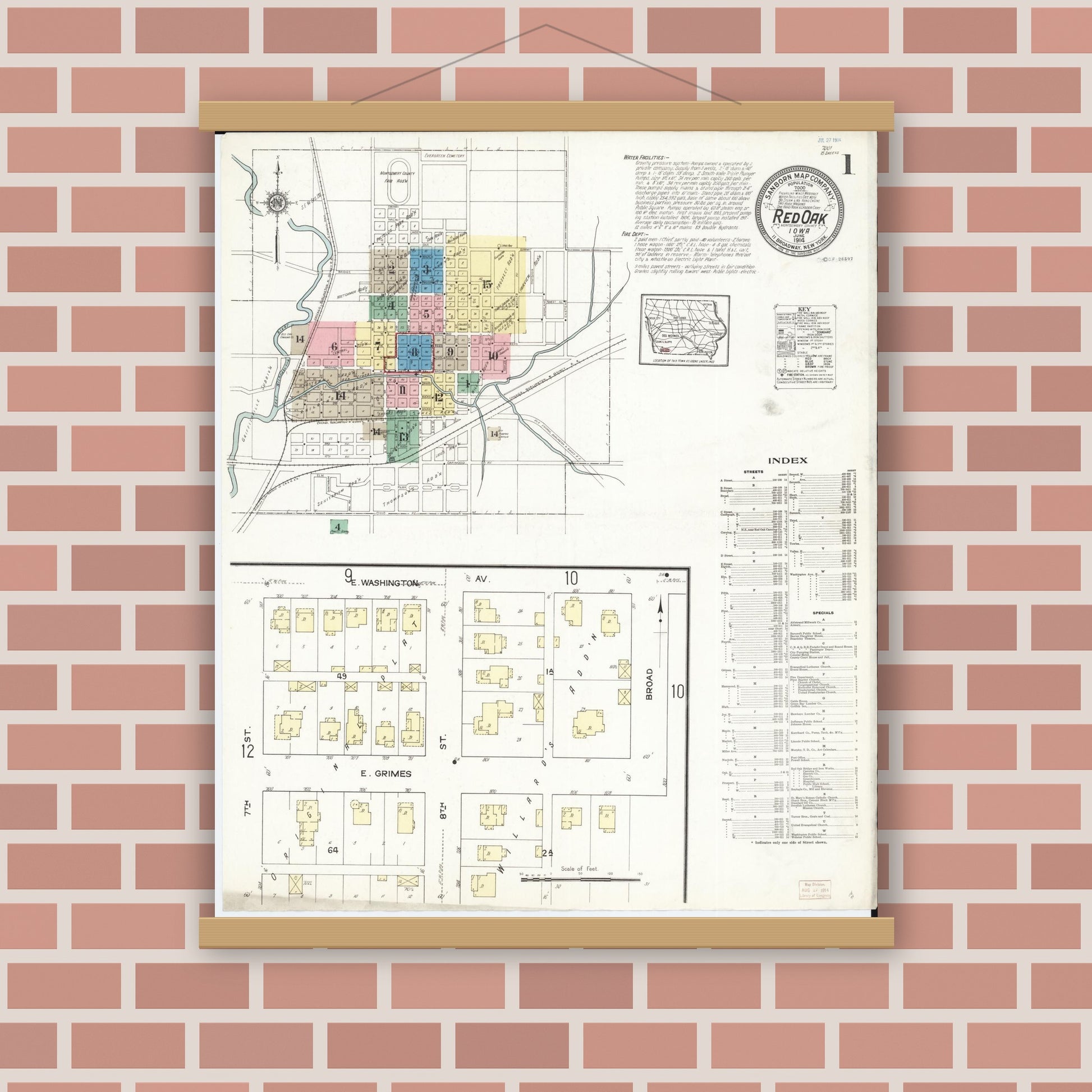 Old map wall art mockup — magnetic wood frame on brick wall — Sanborn Fire Insurance Map from Red Oak, Montgomery County, Iowa (1914), Sheet #0001