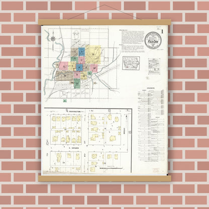 Old map wall art mockup — magnetic wood frame on brick wall — Sanborn Fire Insurance Map from Red Oak, Montgomery County, Iowa (1914), Sheet #0001