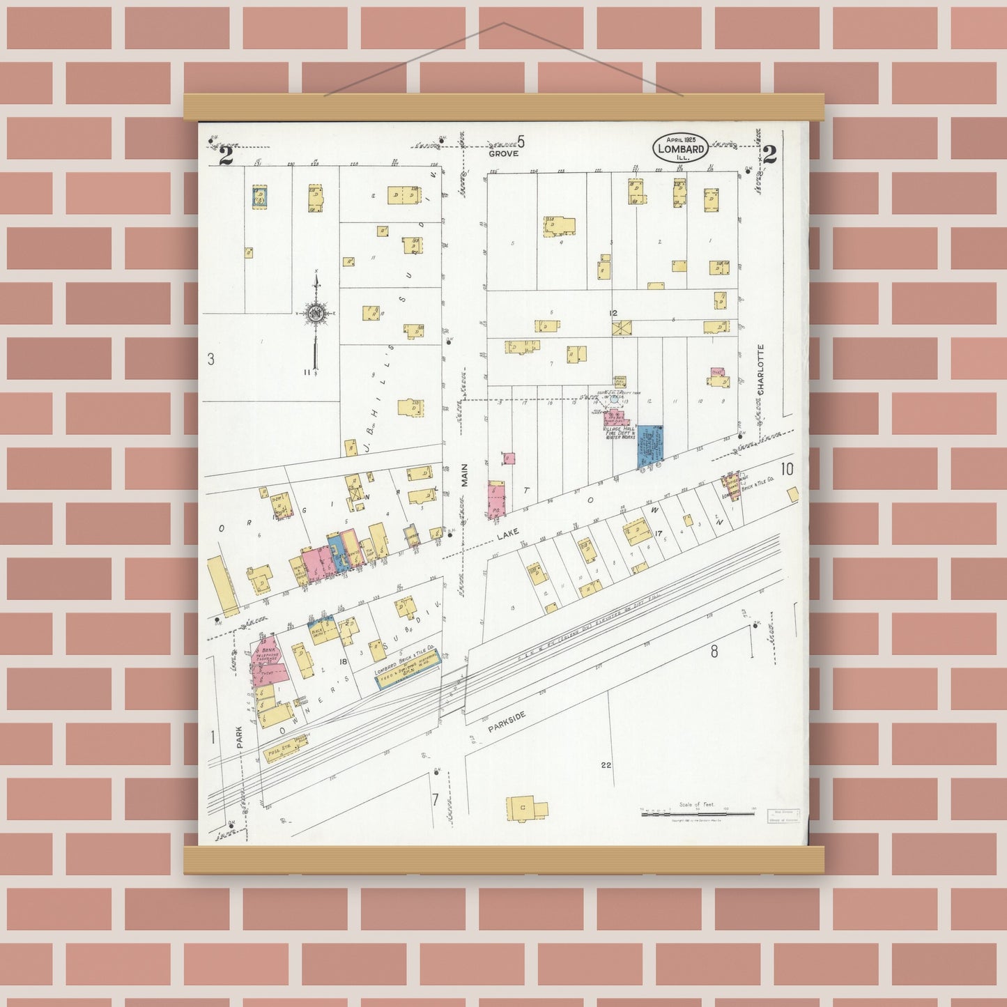 Old map wall art mockup — magnetic wood frame on brick wall — Sanborn Fire Insurance Map from Lombard, Du Page County, Illinois (1925), Sheet #0002