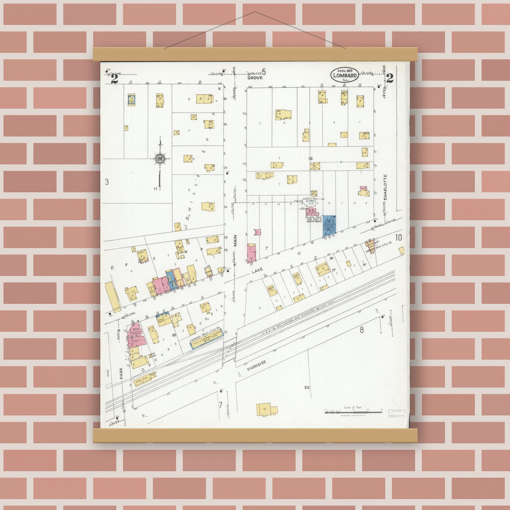 Old map wall art mockup — magnetic wood frame on brick wall — Sanborn Fire Insurance Map from Lombard, Du Page County, Illinois (1925), Sheet #0002