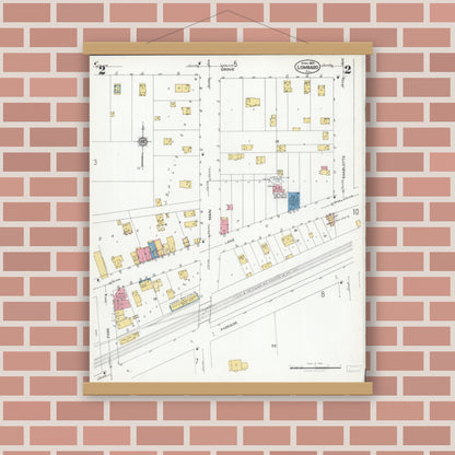 Old map wall art mockup — magnetic wood frame on brick wall — Sanborn Fire Insurance Map from Lombard, Du Page County, Illinois (1925), Sheet #0002
