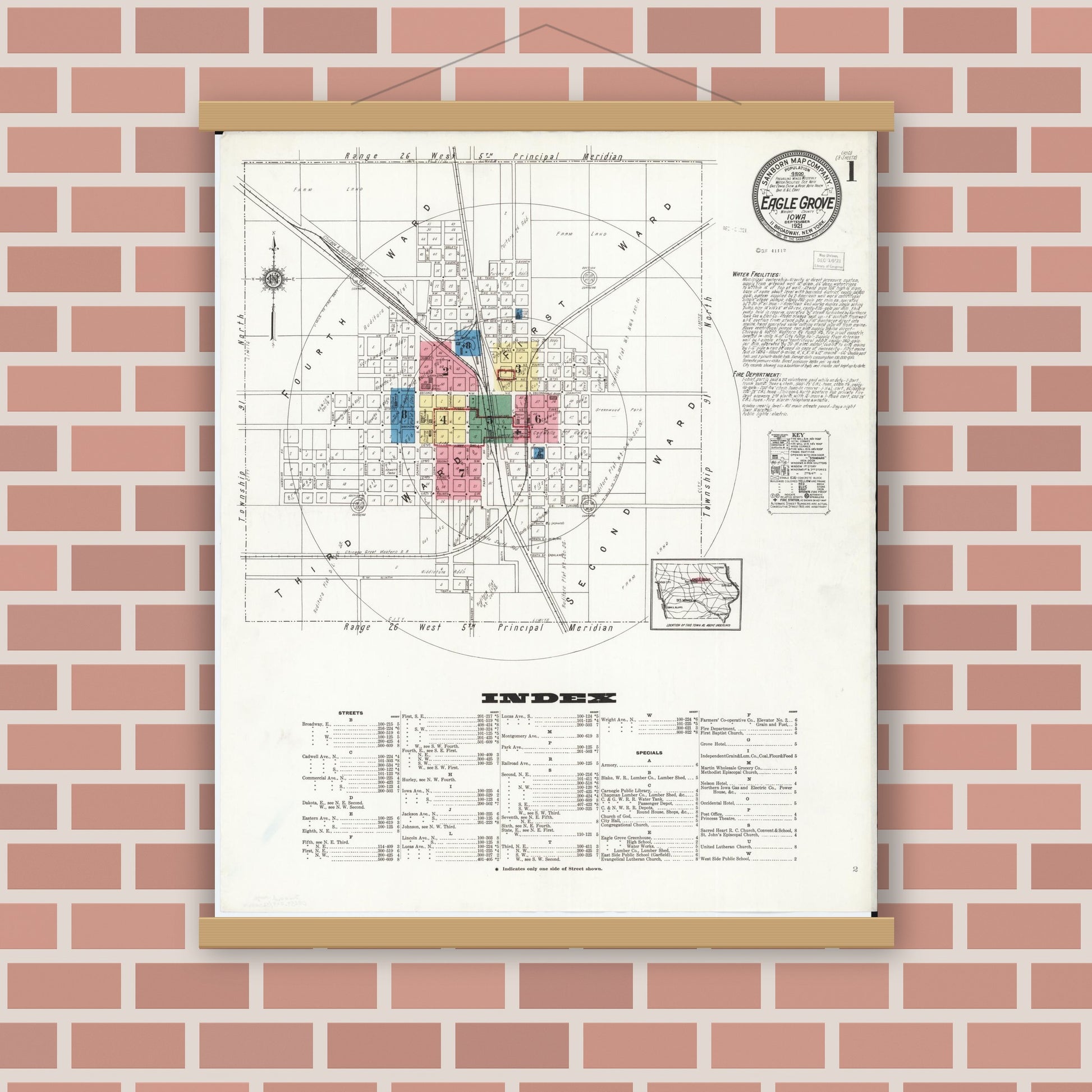 Old map wall art mockup — magnetic wood frame on brick wall — Sanborn Fire Insurance Map from Eagle Grove, Wright County, Iowa (1921) â€” Complete Set
