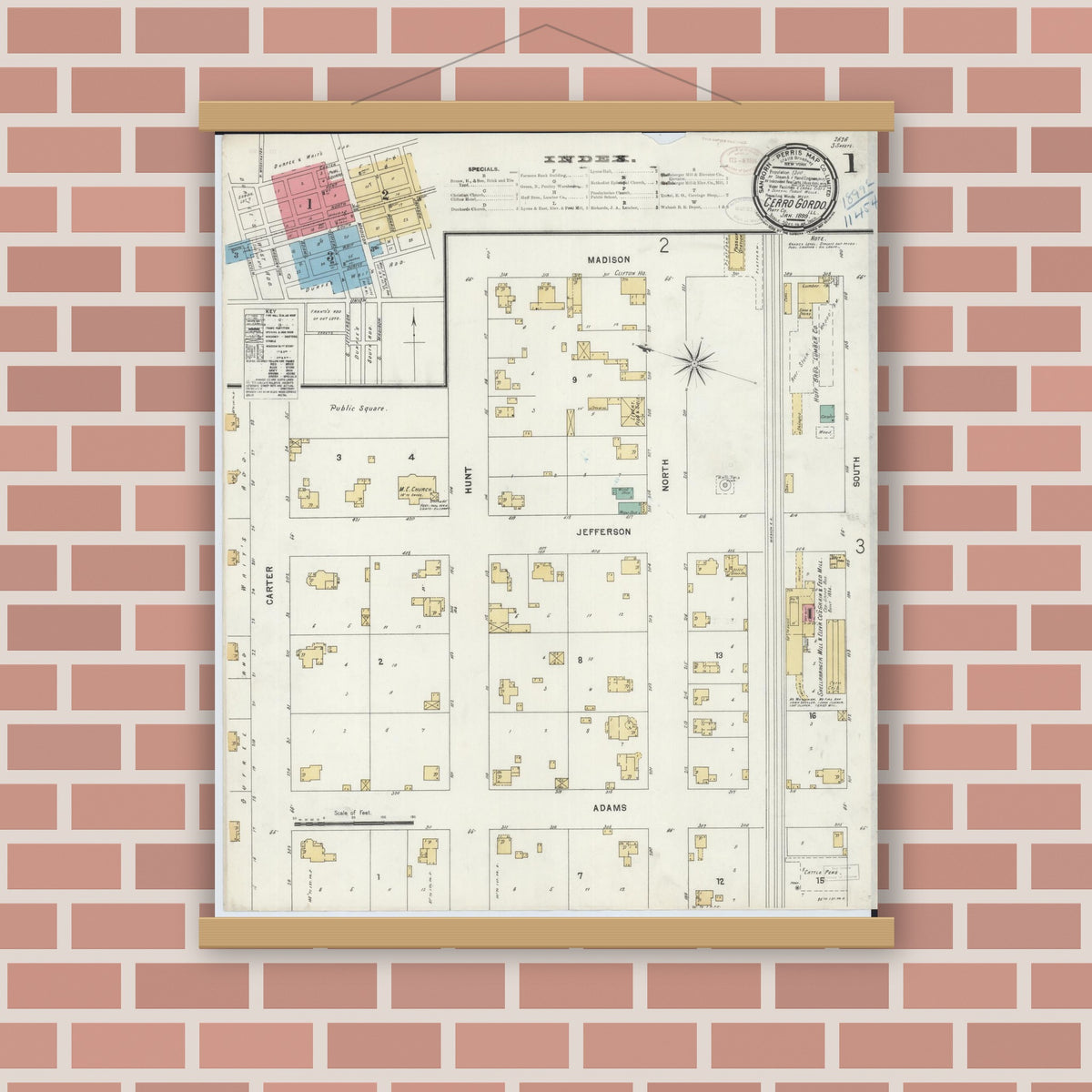 Old map wall art mockup — magnetic wood frame on brick wall — Sanborn Fire Insurance Map from Cerro Gordo, Piatt County, Illinois (1899) - Complete Map Set