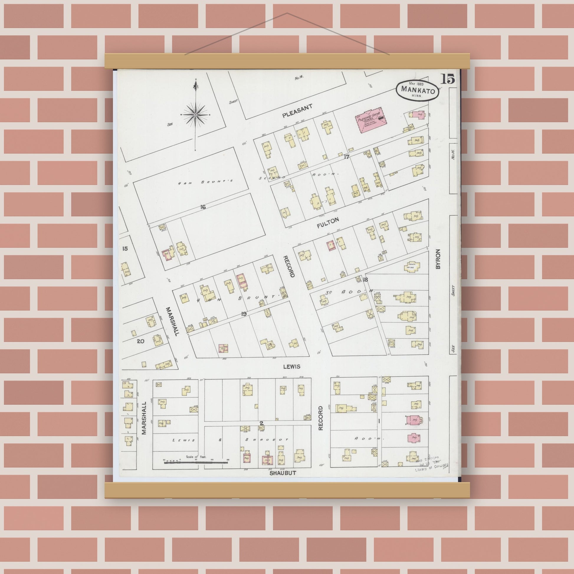 Old map wall art mockup — magnetic wood frame on brick wall — Sanborn Fire Insurance Map from Mankato, Blue Earth County, Minnesota (1889), Sheet #0015