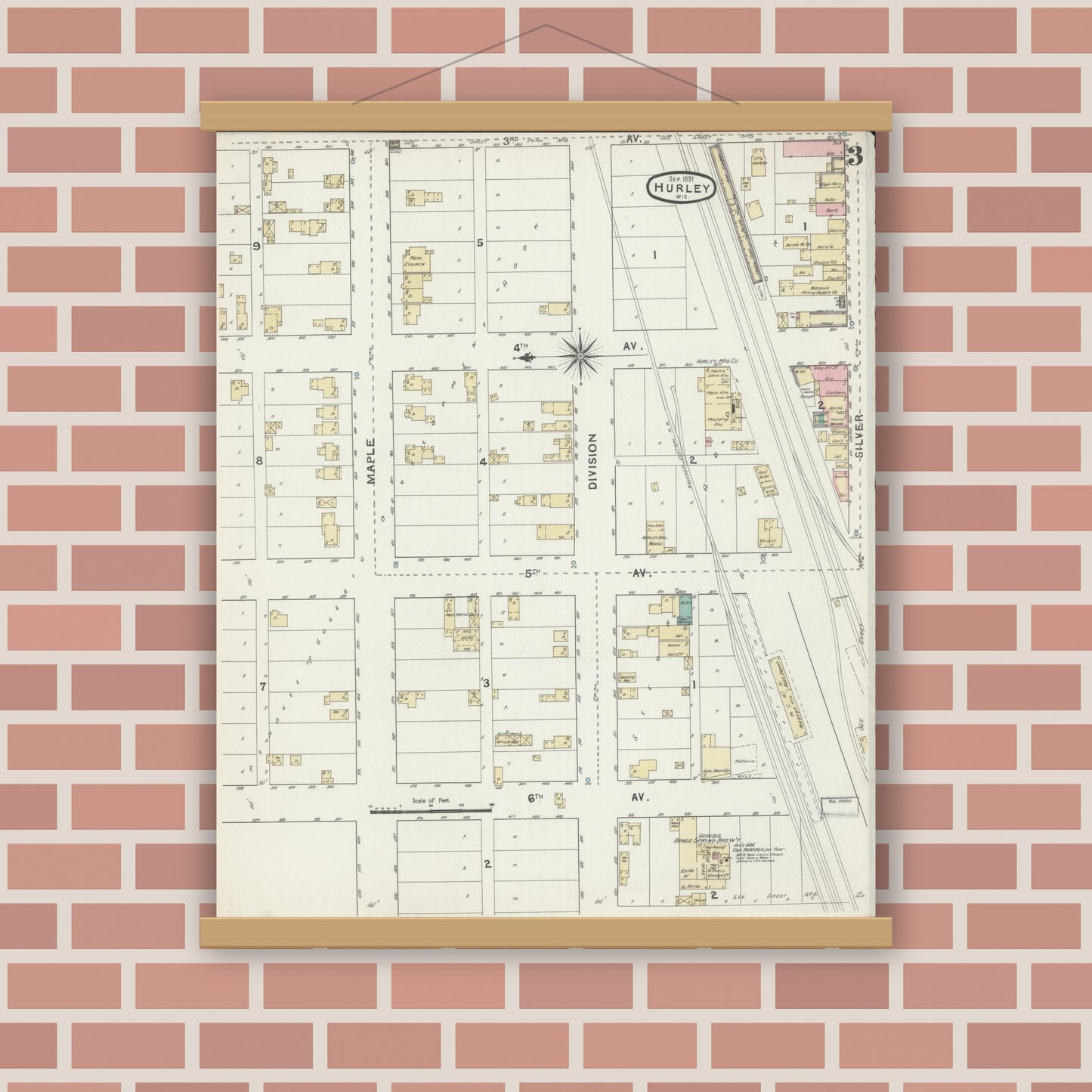 Old map wall art mockup — magnetic wood frame on brick wall — Sanborn Fire Insurance Map from Hurley, Iron County, Wisconsin (1891), Sheet #0003
