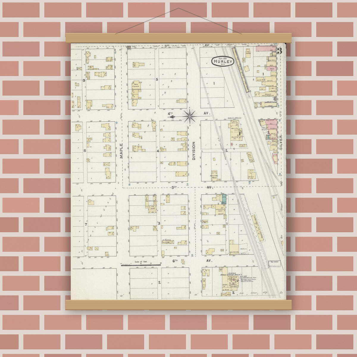 Old map wall art mockup — magnetic wood frame on brick wall — Sanborn Fire Insurance Map from Hurley, Iron County, Wisconsin (1891), Sheet #0003