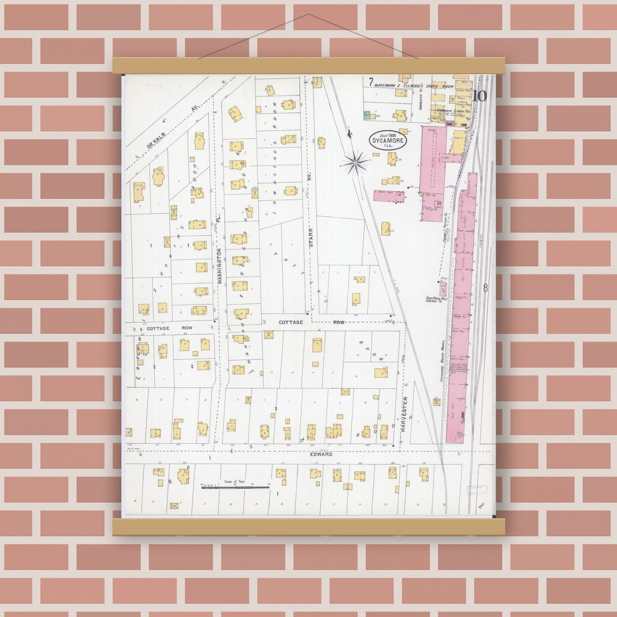 Old map wall art mockup — magnetic wood frame on brick wall — Sanborn Fire Insurance Map from Sycamore, De Kalb County, Illinois (1905), Sheet #0010