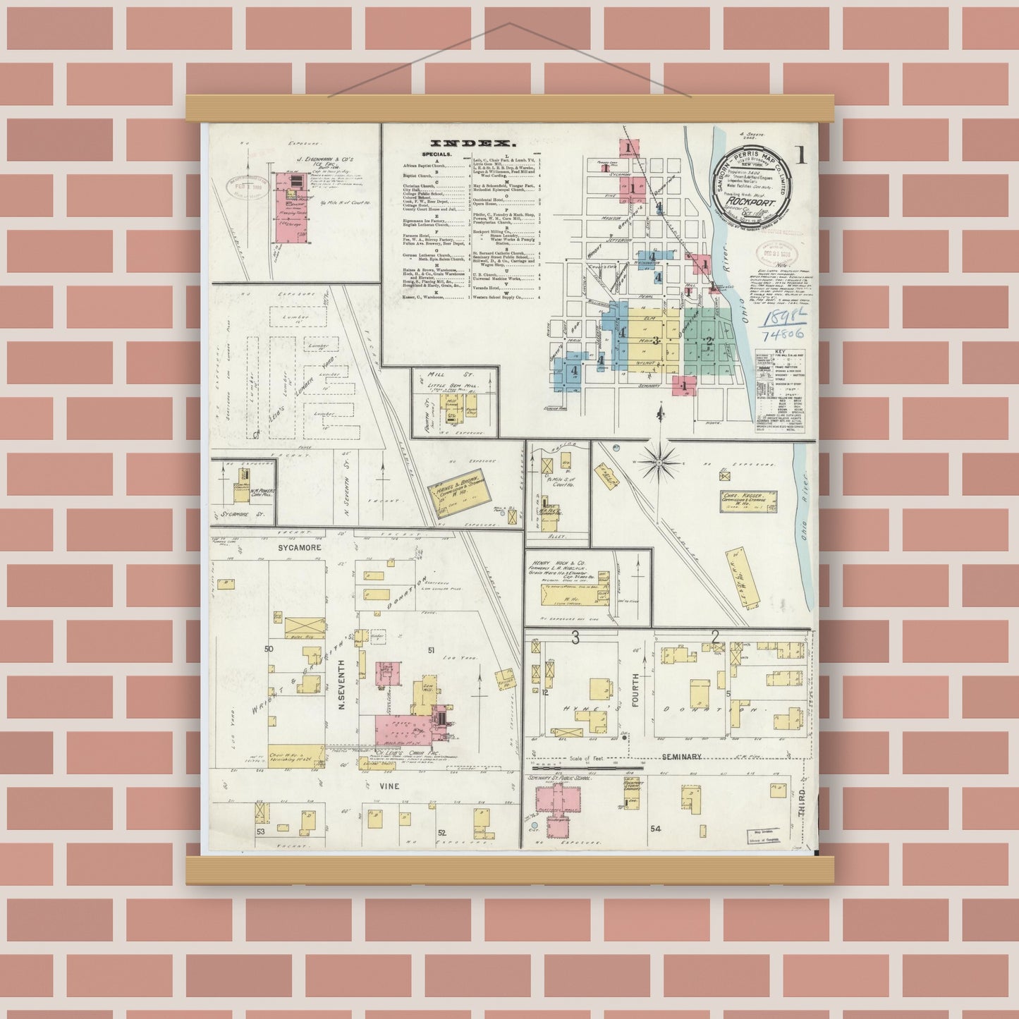 Old map wall art mockup — magnetic wood frame on brick wall — Sanborn Fire Insurance Map from Rockport, Spencer County, Indiana (1898) - Complete Map Set