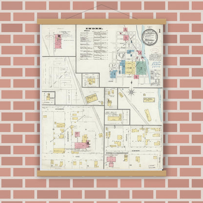 Old map wall art mockup — magnetic wood frame on brick wall — Sanborn Fire Insurance Map from Rockport, Spencer County, Indiana (1898) - Complete Map Set