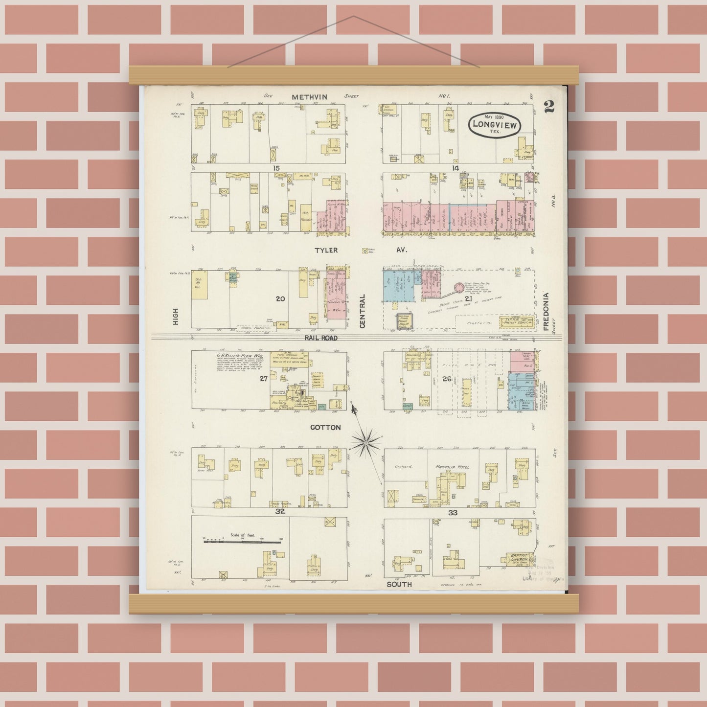 Old map wall art mockup — magnetic wood frame on brick wall — Sanborn Fire Insurance Map from Longview, Gregg County, Texas (1890), Sheet #0002