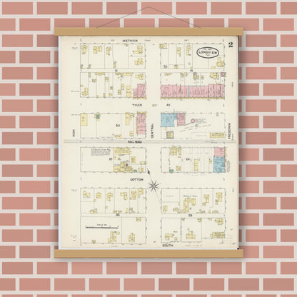 Old map wall art mockup — magnetic wood frame on brick wall — Sanborn Fire Insurance Map from Longview, Gregg County, Texas (1890), Sheet #0002